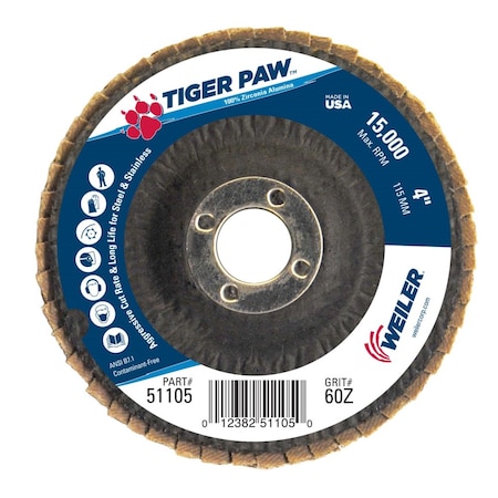 4 Tiger Paw Abrasive Flap Disc, Conical (TY29), 60Z, 5/8